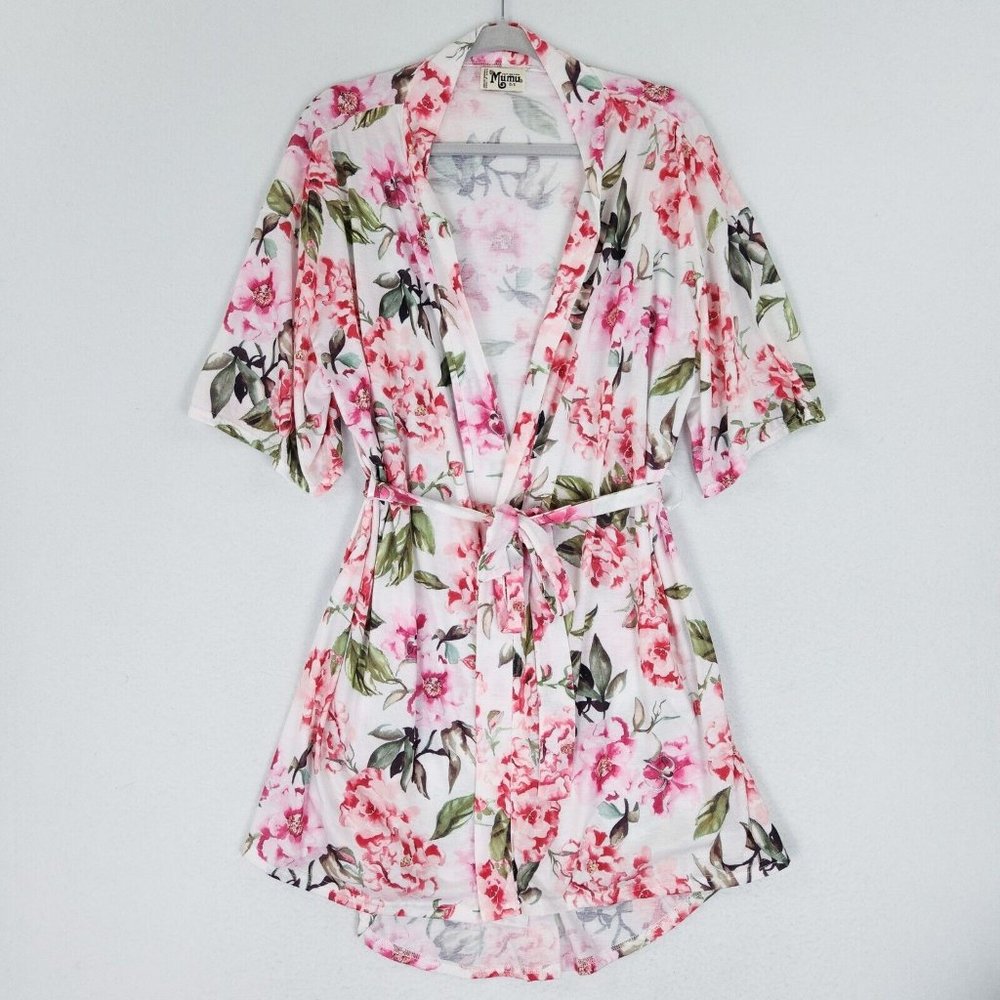 Show Me Your Mumu Robe Womens OS White Pink Floral Tie Waist Kimono Lightweight